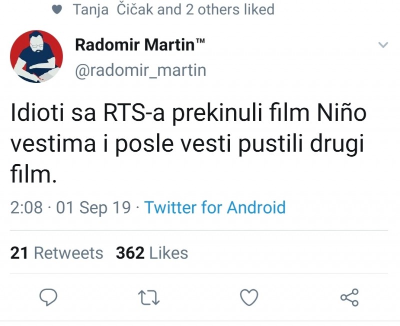 Komentar na Twitteru, deljanja i dopadanja